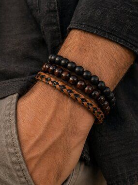 Mens Bracelet Set of 3 Wooden Beads Leather Braided Stack Stretch Boho Natural